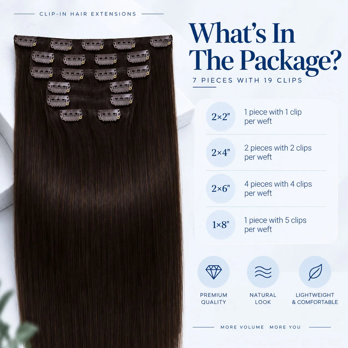 Dark chocolate brown HSF Marketplace clip-in human hair extensions, straight 18-26 inch, 7-piece set