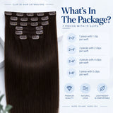 Dark chocolate brown HSF Marketplace clip-in human hair extensions, straight 18-26 inch, 7-piece set