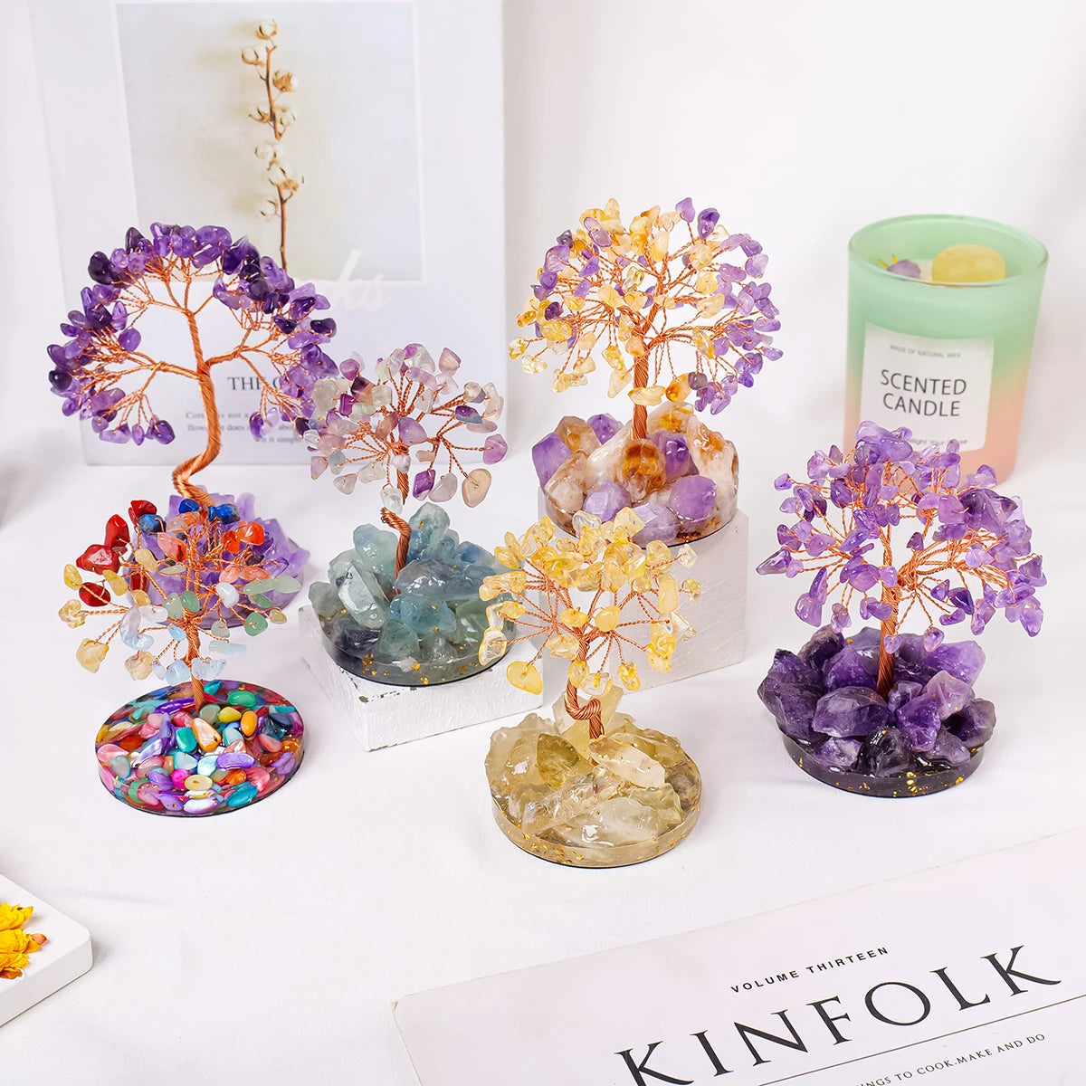 1PC Natural Crystal Tree Handmade Tree of Life Reiki Healing Mineral Specimen Home Decoration Gifts Souveni Drop Glue Resin Base