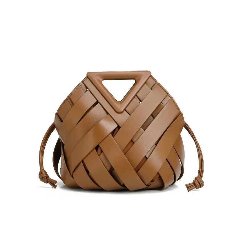 Trendy vegan leather woven tote bag for women with top handle and crossbody strap, stylish HSF Marketplace handbag for 2025.