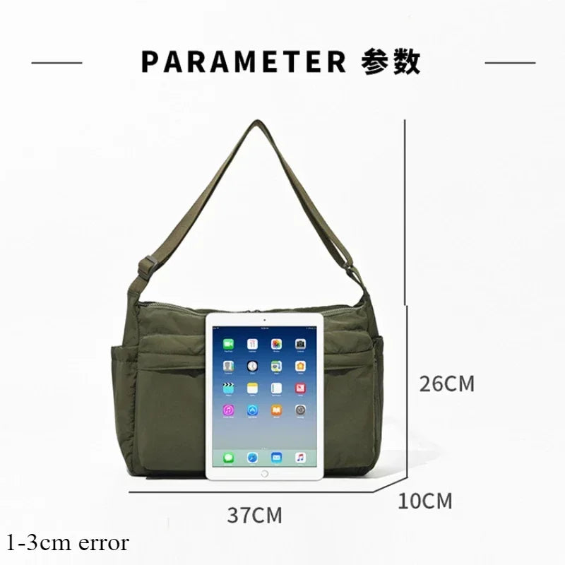Stylish HSF Marketplace nylon multi-pocket messenger bag for women, shown in a compact crossbody design