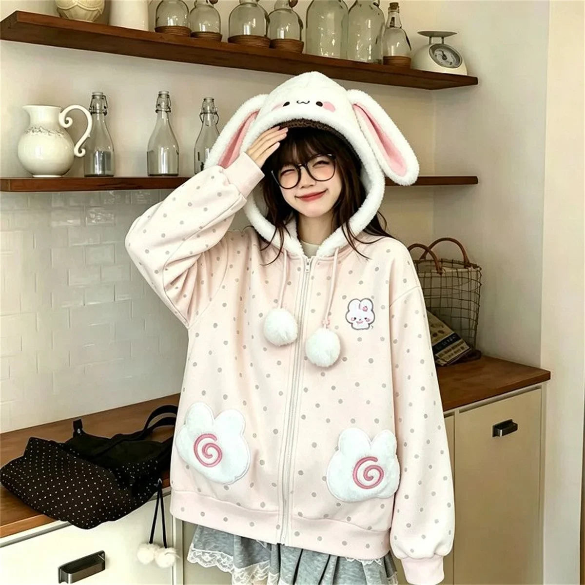 Kawaii rabbit ear plush zip-up hoodie for women in a cozy design by HSF Marketplace