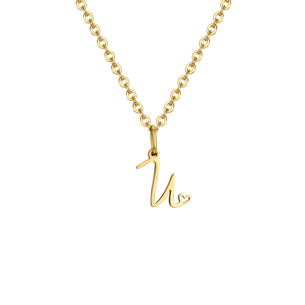Gold plated heart initial necklace for women featuring a stainless steel A-Z letter pendant, waterproof monogram jewelry.