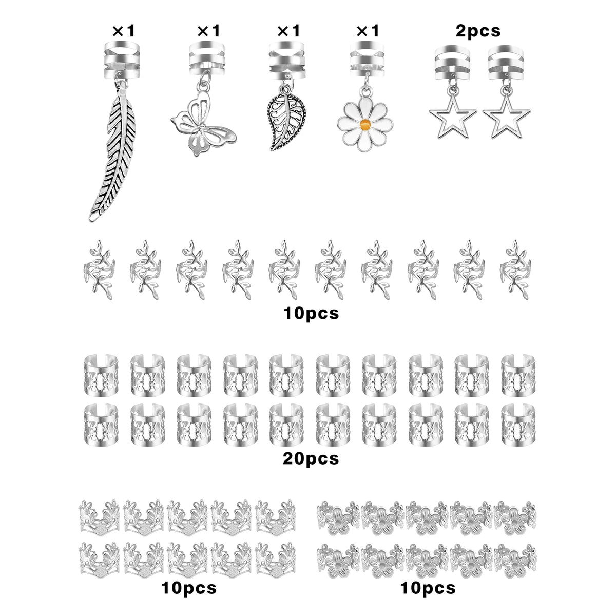 56-piece silver hair cuffs for braids and dreadlocks, HSF Marketplace hair styling accessories