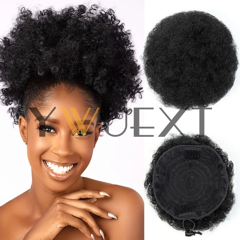 Afro puff ponytail, 4-6 inch human hair kinky curly drawstring bun with clip-in attachment