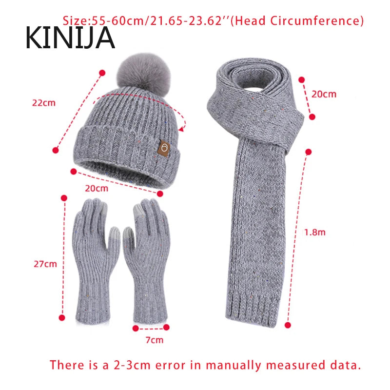 Women's wool knit neck scarf, gloves and cap set in winter-ready design