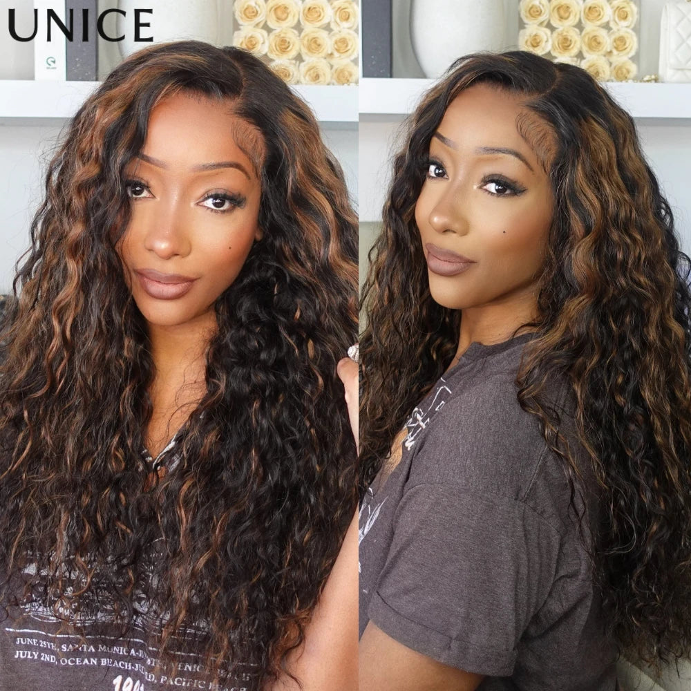 UNice Hair Water Wave Wig With Golden Brown Highlights 7x5 Pre Cut Pre Bleached Glueless Human Hair Lace Front Wig 150% Density