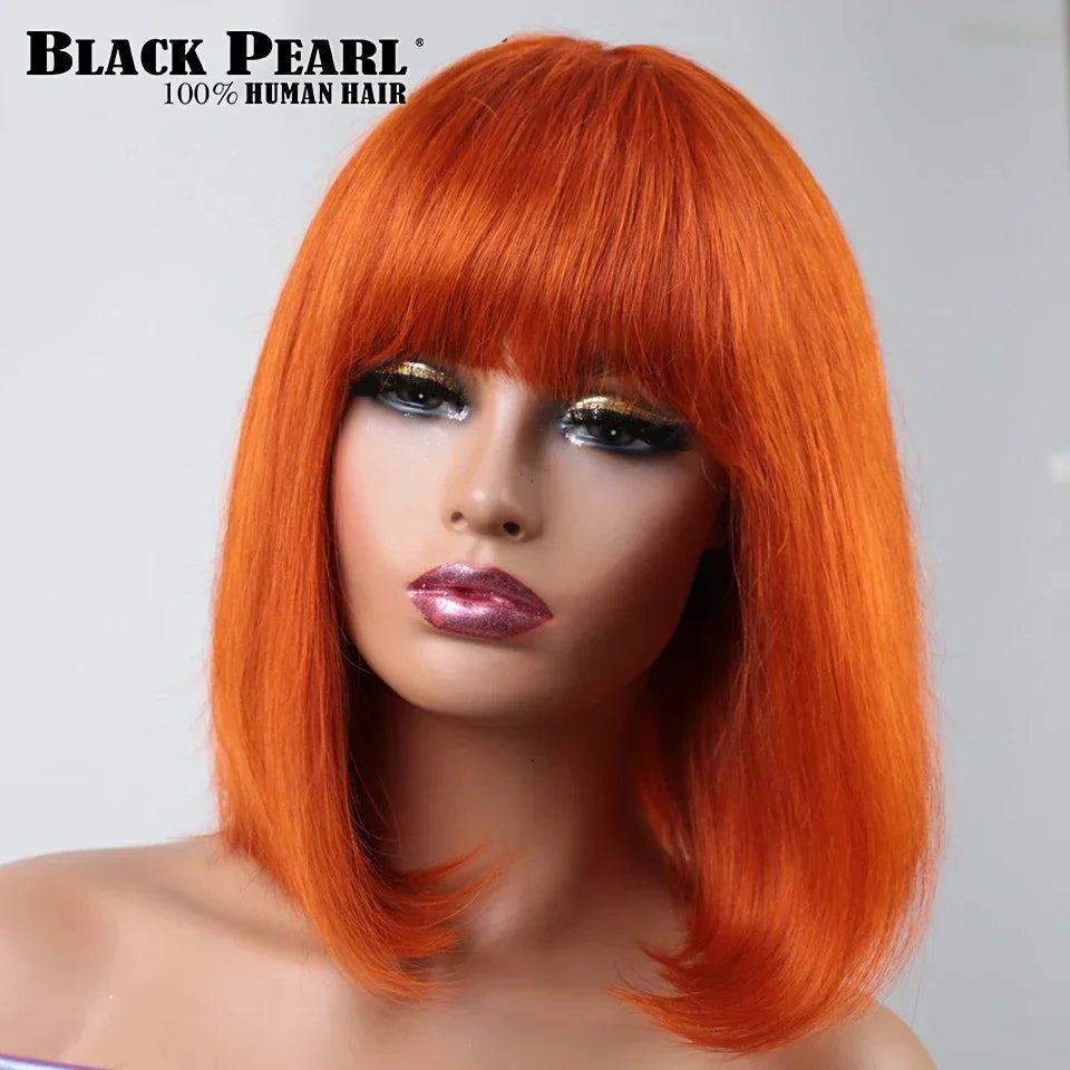 99J Brazilian human hair wig, short straight bob with bangs in orange blonde and red tones by Rebecca