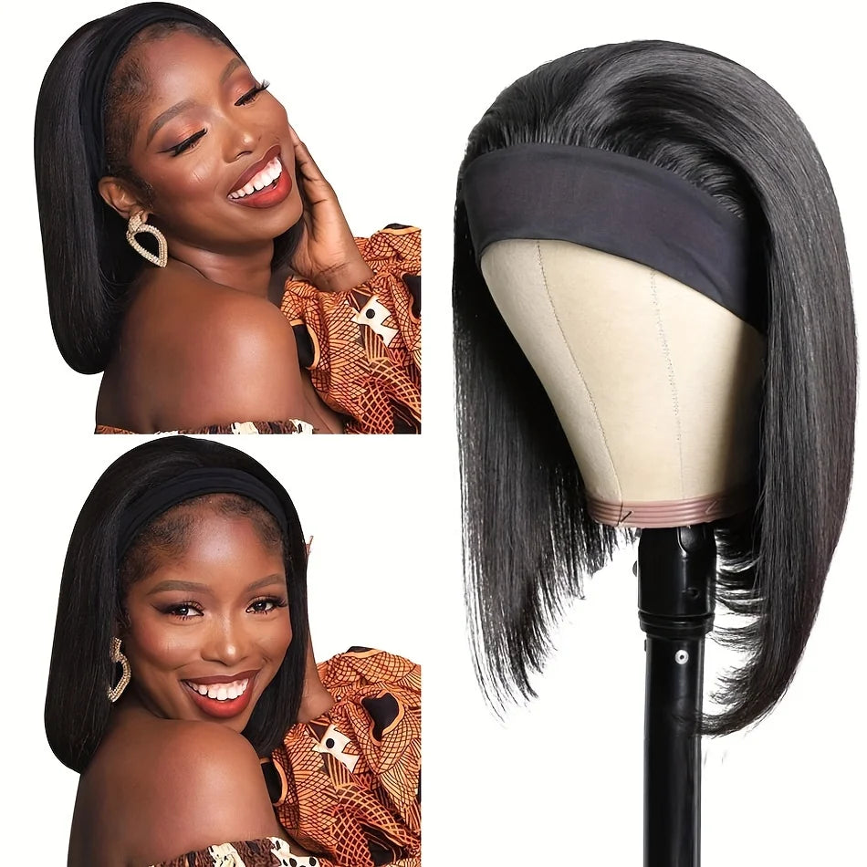 HSF Marketplace human hair headband bob wig, short straight Brazilian hair, full machine-made design