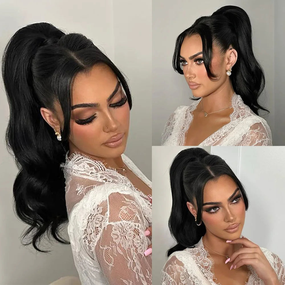 Ponytail human hair clip-in extension wrap-around hairpiece in natural black, brown, and blonde tones