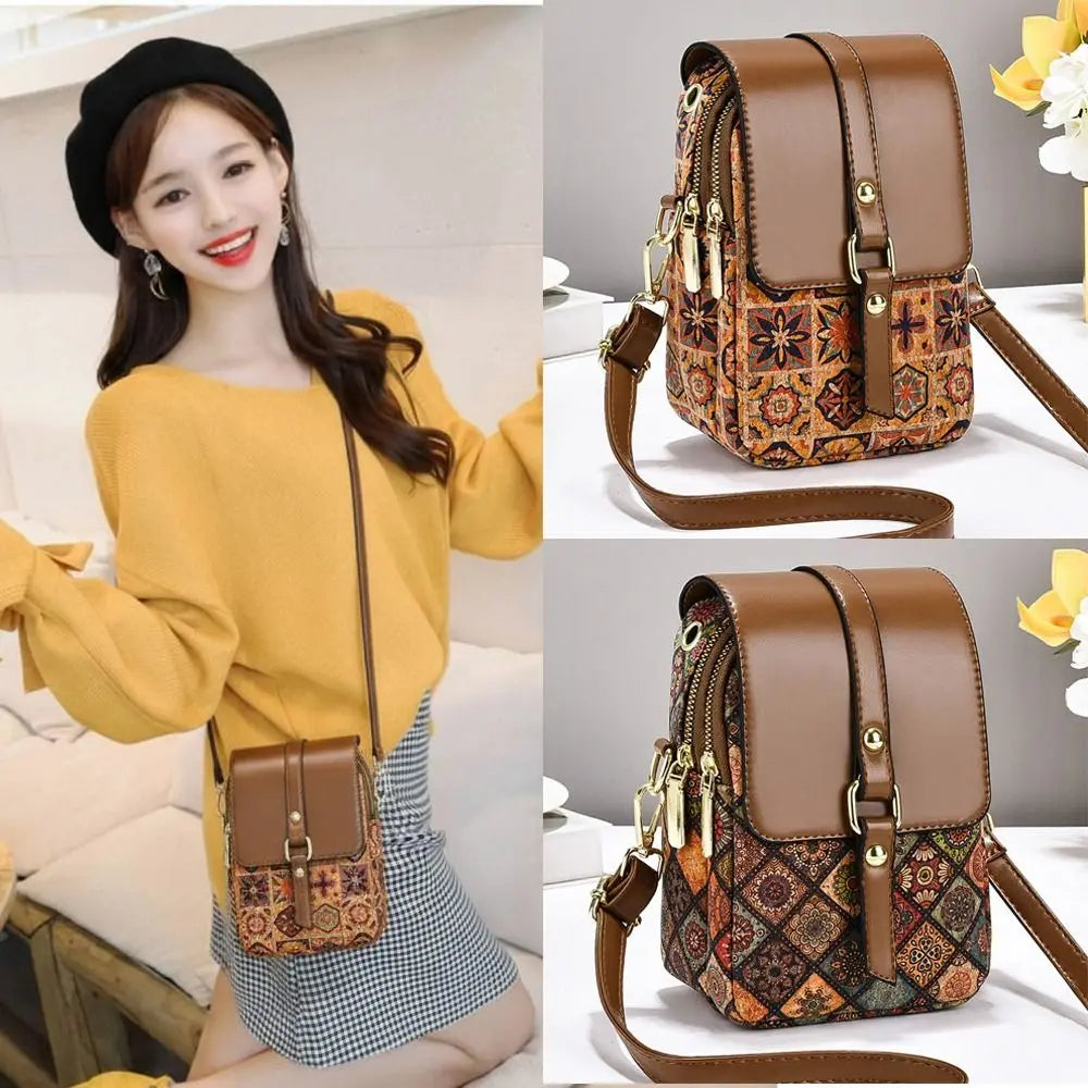 Bohemian printed PU leather phone bag with ethnic design, versatile crossbody style, single shoulder strap for ladies.