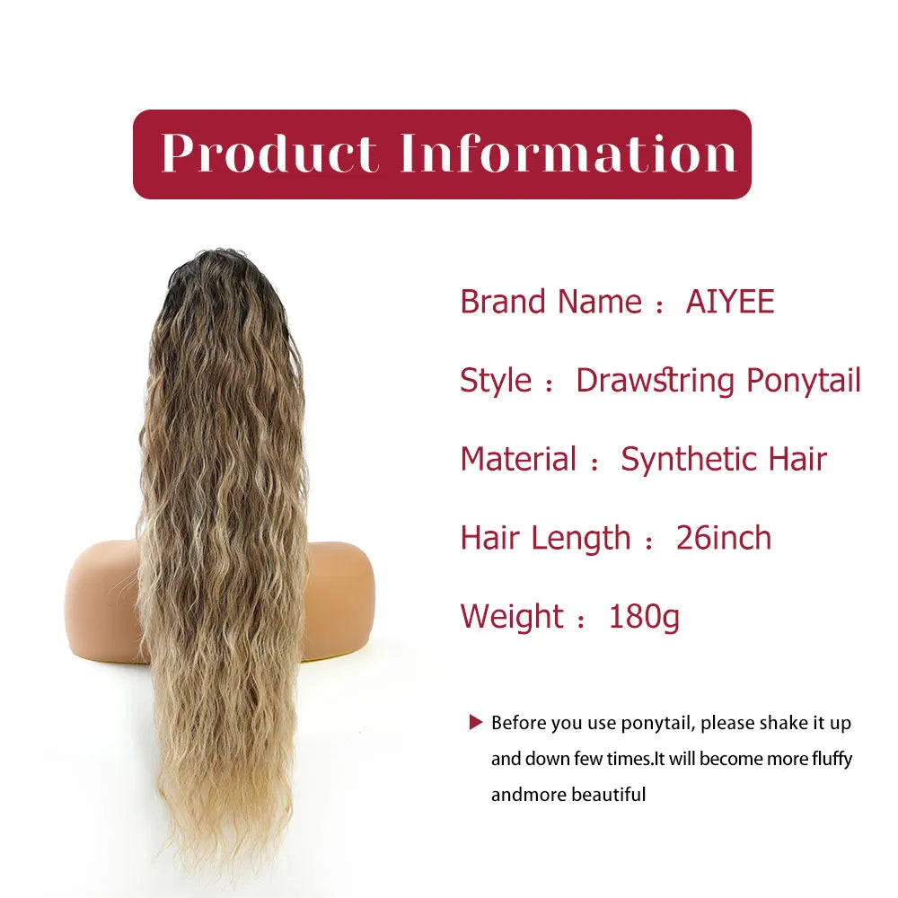 HSF Marketplace 26-inch ombre brown-blonde curly drawstring ponytail clip, 180g synthetic heat-resistant hair