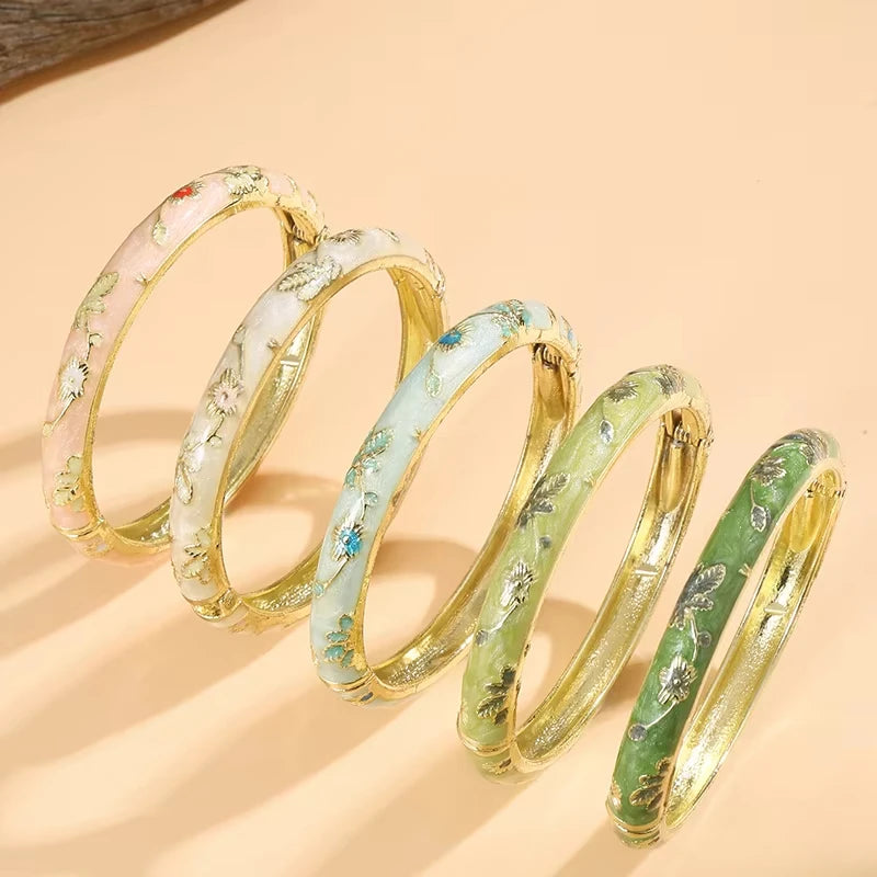 Jardme 5Pcs Enamel Dropped Glaze Flower Bracelet For Women Classic Vintage Cloisonne Open Bangles Elegant Bohemian Jewelry Gifts