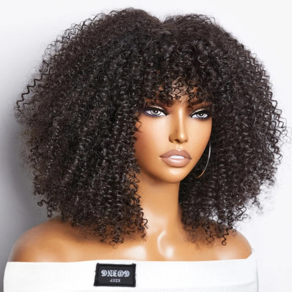 Short curly human hair wig with bangs, afro kinky curls, glueless design, 250 density, full machine-made, natural Remy hair.