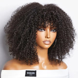 Short curly human hair wig with bangs, afro kinky curls, glueless design, 250 density, full machine-made, natural Remy hair.