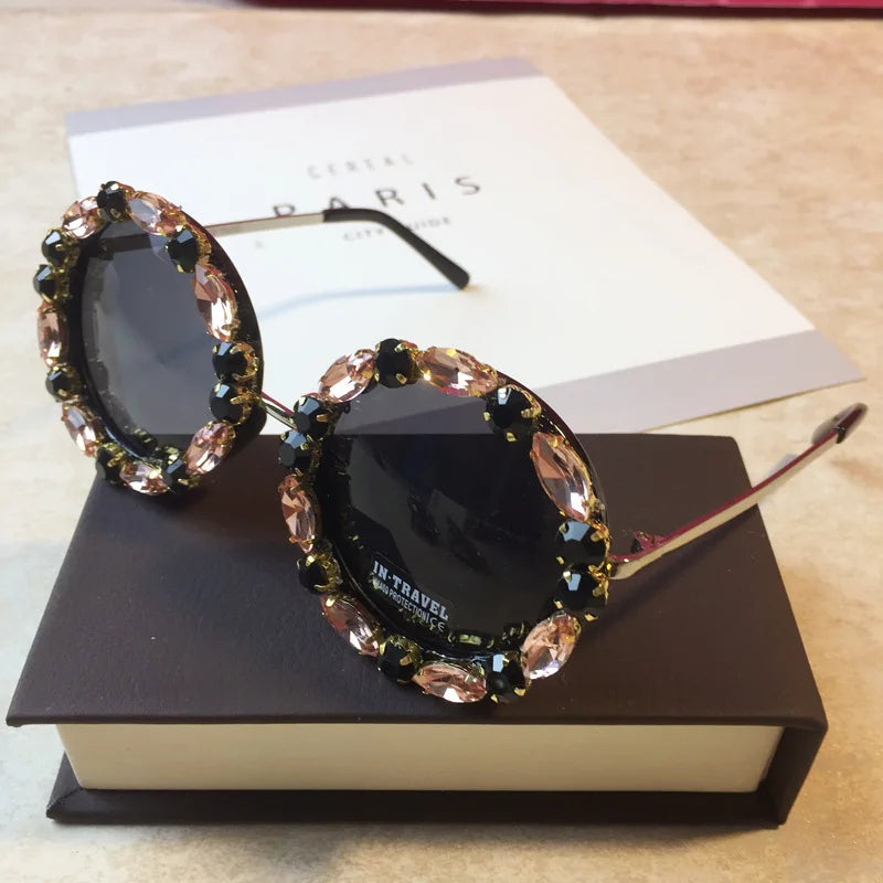 Luxury diamond crystal round sunglasses for women with big frames, UV400 protection, designer style, vintage HSF Marketplace eyewear.