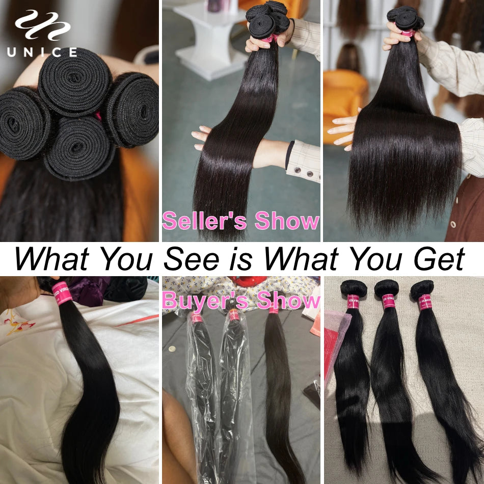 Unice Hair Straight Human Hair Bundles with 4x4 lace closure in natural color, 100% human hair, available in 2, 3, or 4 piece deals