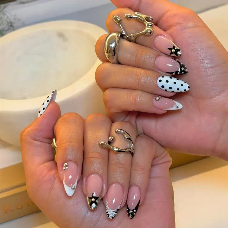 24-piece black polka dot press-on false nails, short round French-style tips by HSF Marketplace