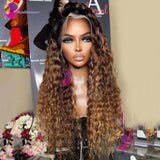 #4T27 Transparent Silk Top Lace Frontal Curly Human Hair Wigs Highlights Honey Blonde Pre Plucked 4x4 Lace Closure Wig For Women