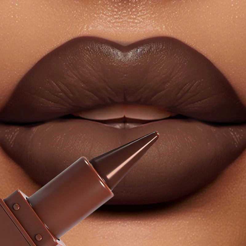 Dark chocolate matte lipstick and waterproof lip liner in black and brown shades, Gothic lips makeup with a non-stick cup appearance.