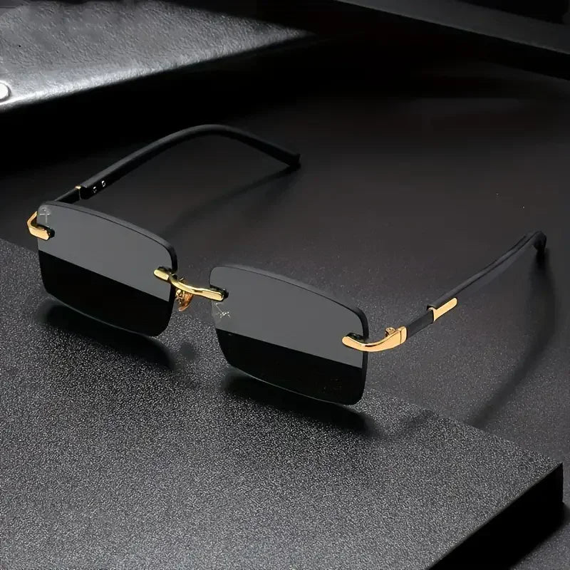 Rectangle rimless sunglasses for women and men with small square lenses, fashionable summer shades by HSF Marketplace.