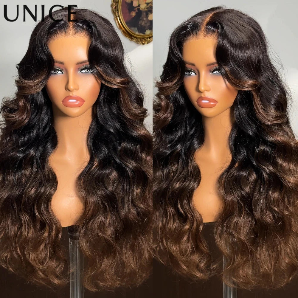 UNice 7x5 Lace No-Slip Cap Chestnut Brown Ombre Yaki Straight Wig With Drawstring 100% Human Hair Glueless Wigs