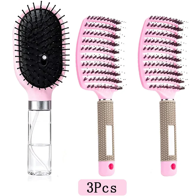 3Pcs Pink Hair Brush Set with Spray Bottle Air Cushion Massage Comb Hollow Vent Detangling Brush Wet Dry Hair Styling Salon Tools