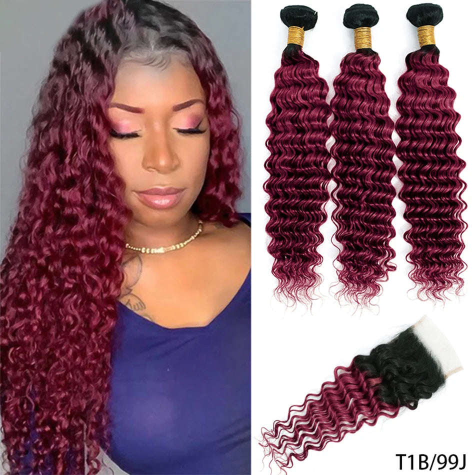 DreamDiana 12A Brazilian Deep Wave 3 Bundles with Closure Ombre Human Hair Bundles with Closure Curly Hair Bundles with Closure