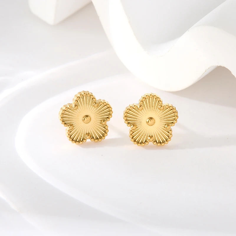 Stainless Steel Golden Plum Blossom Five Leaf Flower Stud Earrings For Women Fashion Waterproof Clover Jewelry Gift