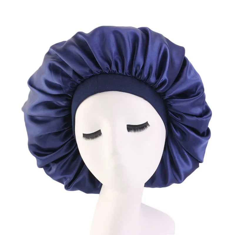 Satin bonnet sleep cap for curly hair by HSF Marketplace, shown in a close-up product view