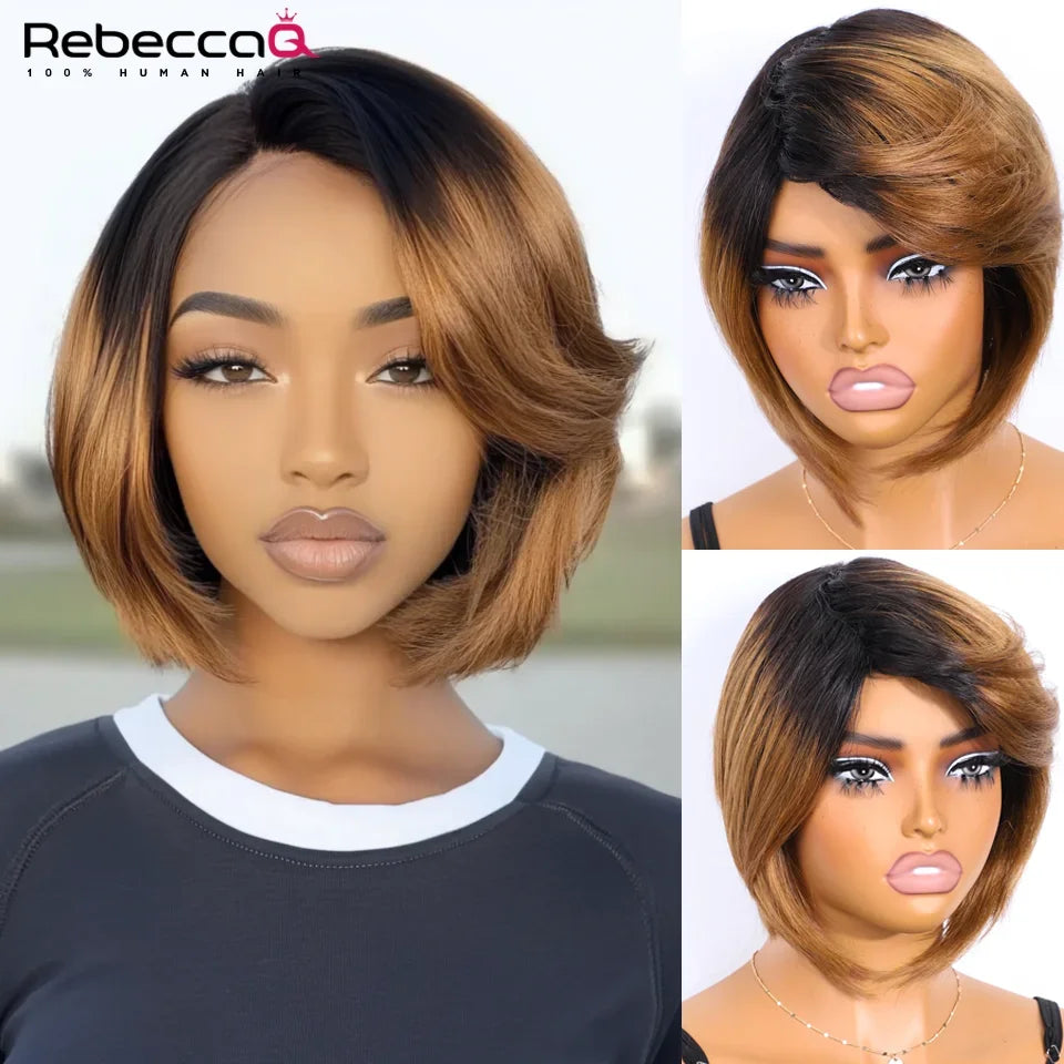 99J red glueless short straight bob wig, 4C Brazilian Remy human hair with bangs for women