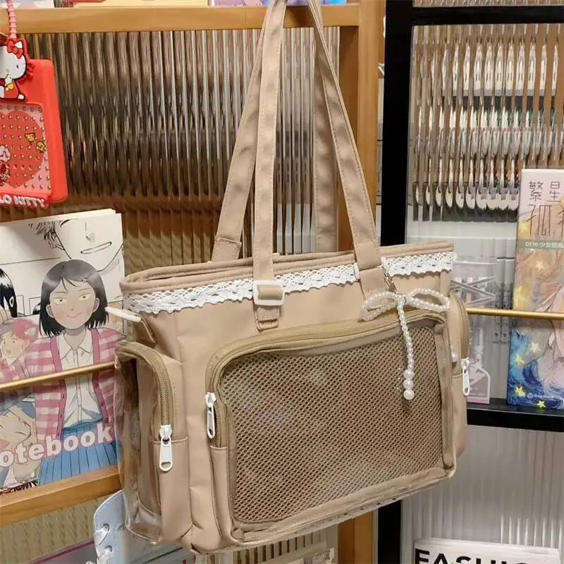 Large capacity transparent Y2K Japanese Ita shoulder bag by HSF Marketplace, casual crossbody tote with cute lolita and DIY display style.
