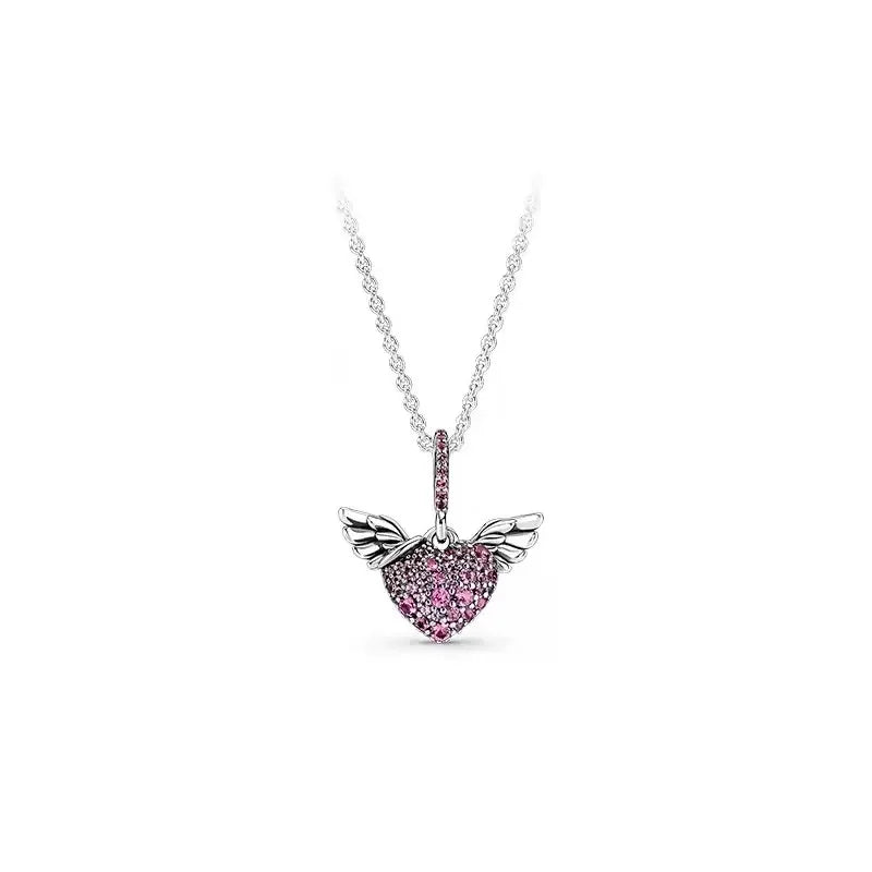 Silver heart pendant necklace with zircon circle charm, S925 sterling silver jewelry for women, perfect for DIY charm beads and gifts.