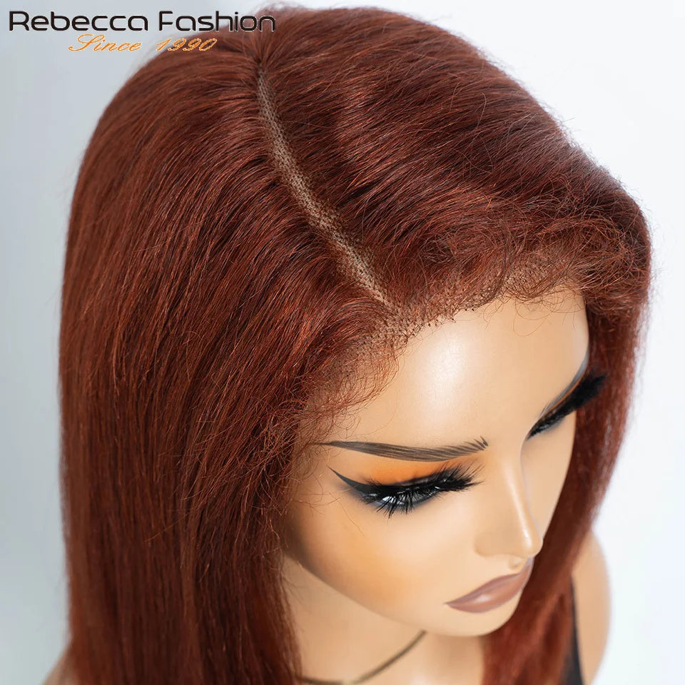 Reddish brown 14-inch kinky straight bob lace wig with side part, natural hairline, human hair, glueless, black color, HSF Marketplace