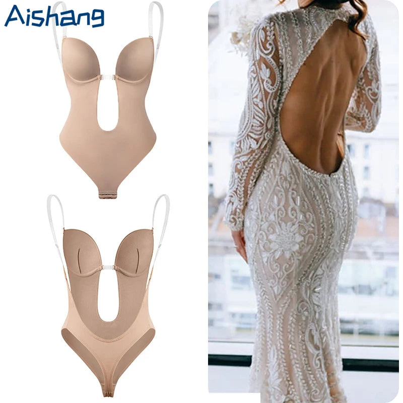 Women's deep V-neck push-up body shapewear bodysuit with thong bottom, U-shaped low back, and backless design