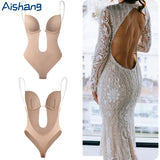 Women's deep V-neck push-up body shapewear bodysuit with thong bottom, U-shaped low back, and backless design