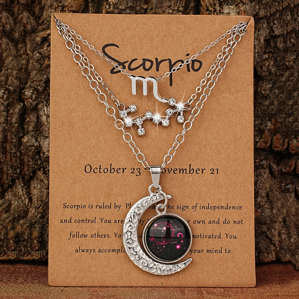 Set of 3 zodiac retro moon glow pendant necklaces with birthstone cards, ideal birthday jewelry gift for friends and besties.