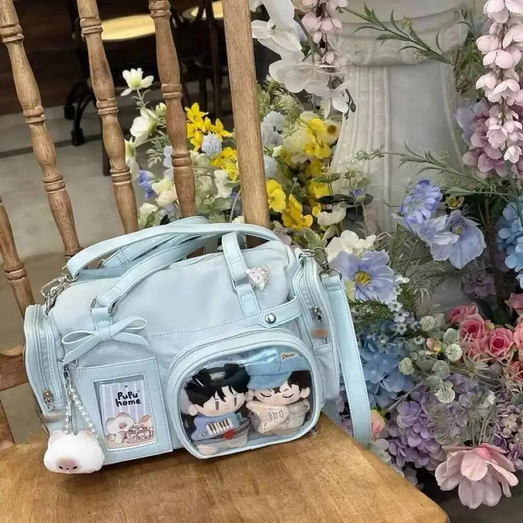 Y2K style HSF Marketplace transparent shoulder handbag with a large capacity, cute bow design, ideal for comic exhibitions and DIY displays.