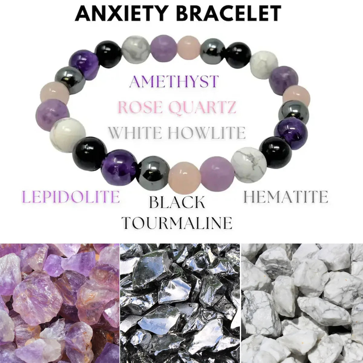 Stress Relief Bracelet: Amethyst, Black Tourmaline, Clear Quartz, Hematite, Lepidolite, Rose Quartz and White 8mm Round Crystal