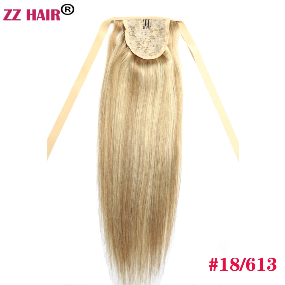 ZZHAIR Brazilian Remy human hair ribbon ponytail extension, 16-20 inch natural straight clip-in horsetail, 60g