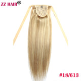 ZZHAIR Brazilian Remy human hair ribbon ponytail extension, 16-20 inch natural straight clip-in horsetail, 60g