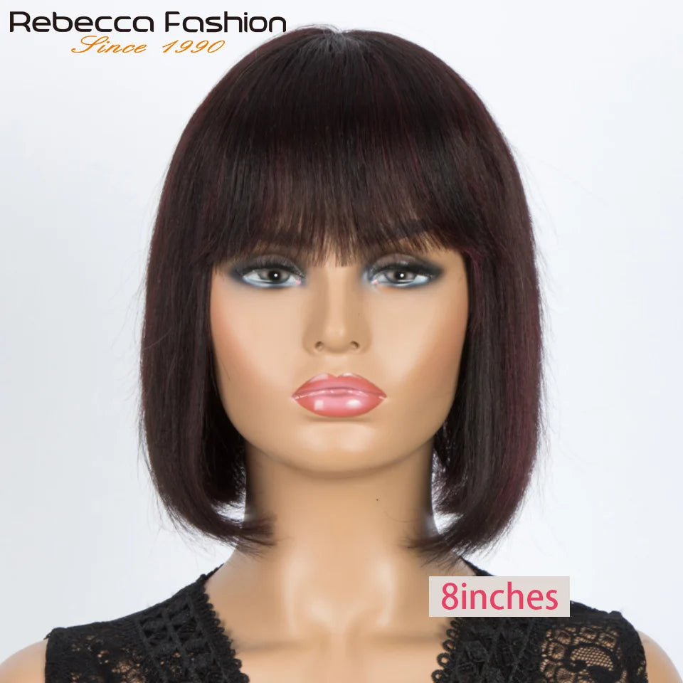 Rebecca short bob wig with bangs, Brazilian straight human hair, mixed color 1B/30, glueless machine-made wig