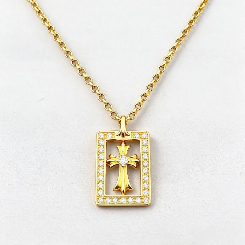S925 pure silver gold cross pendant necklace with diamond inlay, unisex jewelry, personalized classic pendant with detailed design
