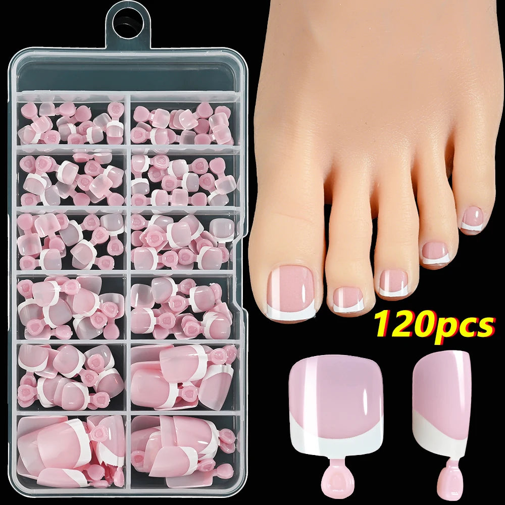 120-piece pink French tip press-on toenails, square short glossy false toenail set by HSF Marketplace