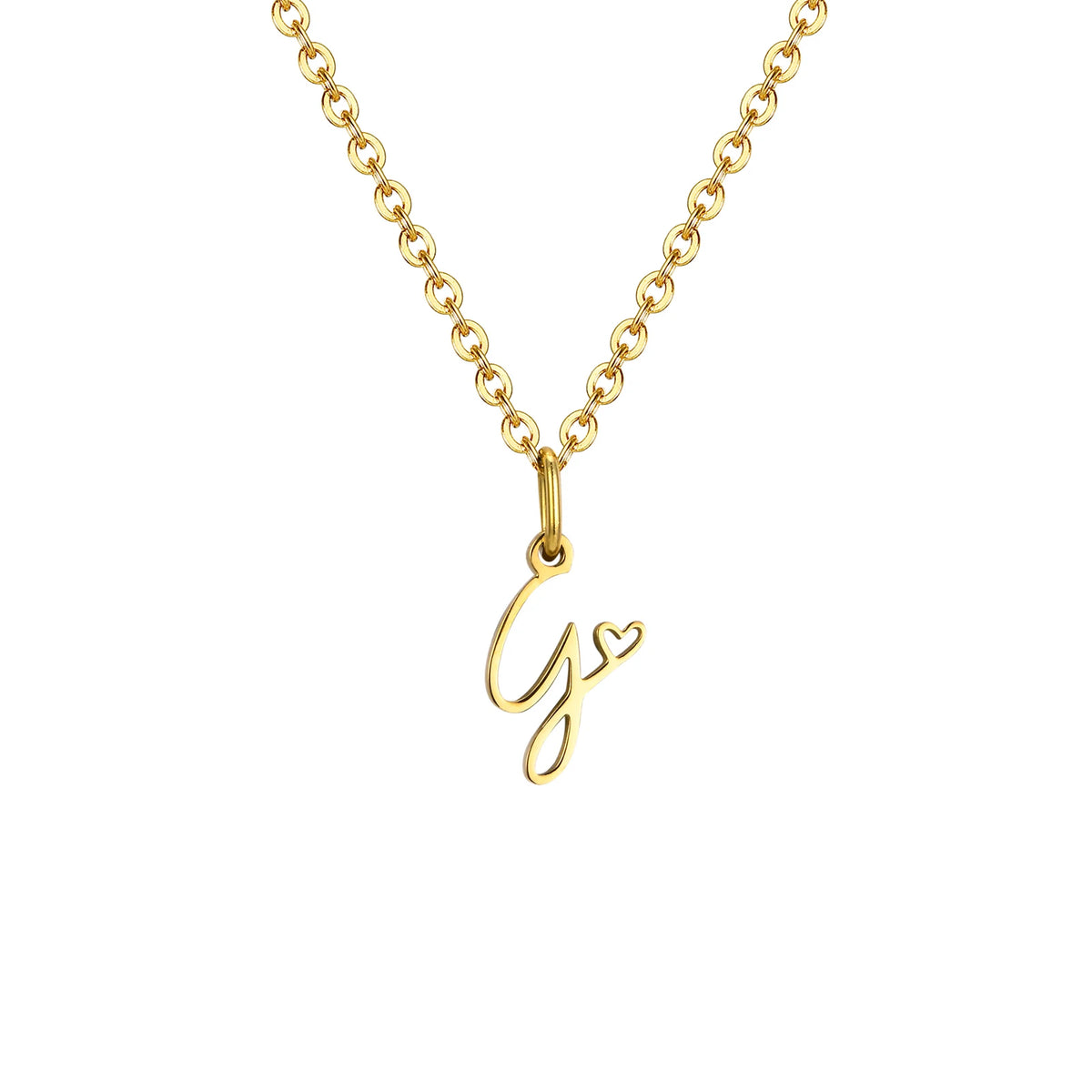 Gold plated dainty heart initial necklace for women with A-Z letter pendant, waterproof stainless steel monogram jewelry.