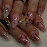 Pink almond press-on false nails with bowknots, love hearts and pearl design, 24-piece detachable set by HSF Marketplace