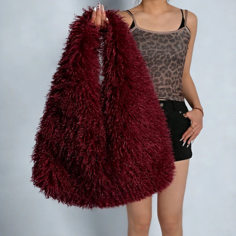 Luxury faux fur tote bag for women, stylish winter hobo handbag by HSF Marketplace