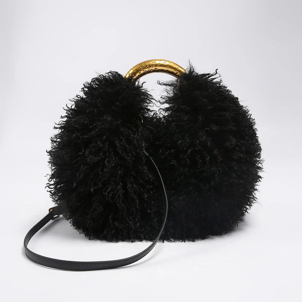 Hannah Spice Girl solid color plush women's handbag with plush handle, casual furry messenger bag for ladies, versatile and stylish.