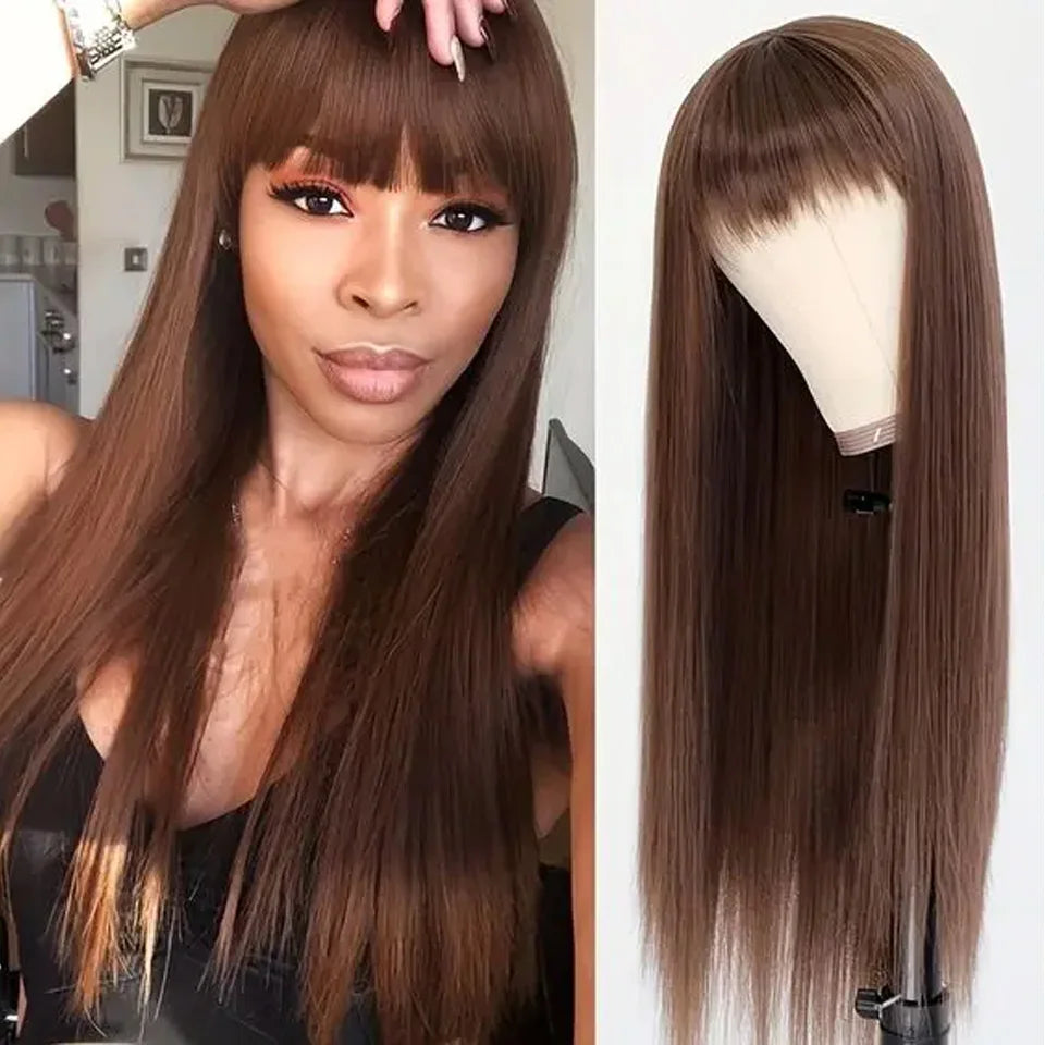 Reddish brown straight human hair wig with bangs, layered cut, featuring easy-to-style bangs, ideal for versatile looks.