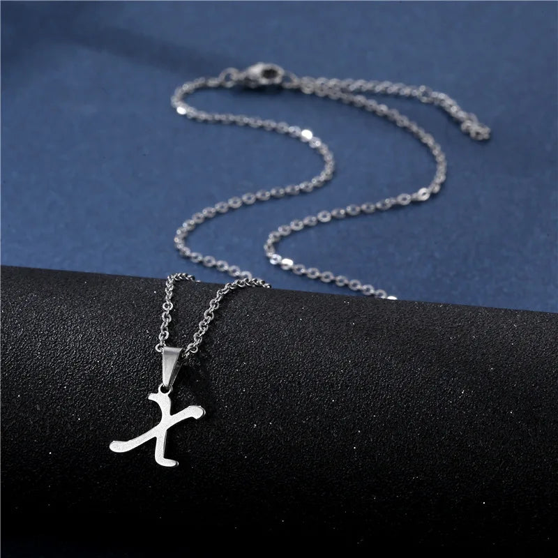 Shiny stainless steel initial letter pendant necklace for women, featuring a simple chain choker design with a glossy finish.